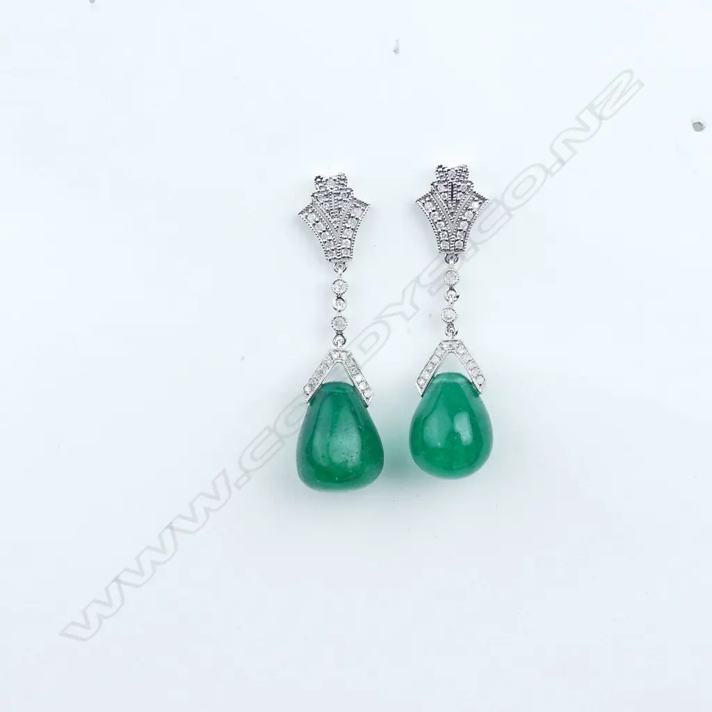 A pair of 14ct white gold emerald and diamond Art Deco style earrings Image 1++