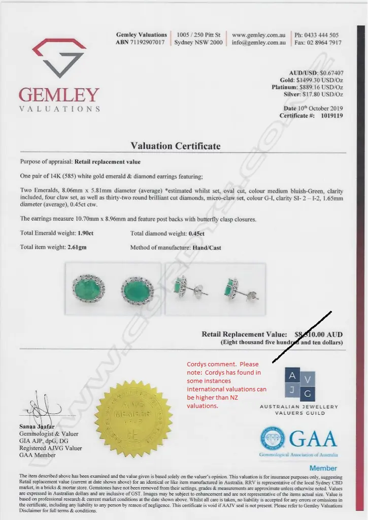 A pair of 14ct white gold emerald and diamond earrings Image 1++