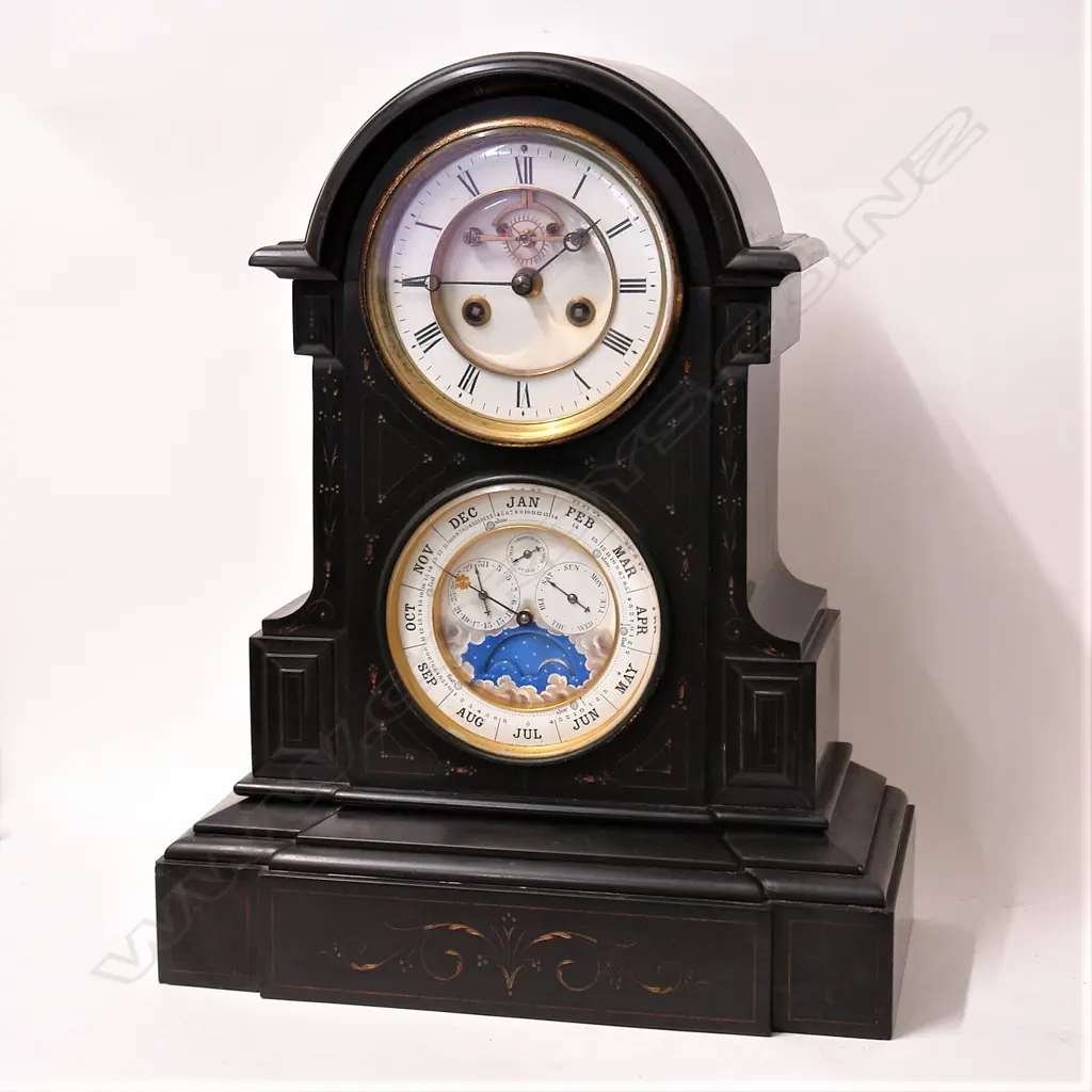 A quality rare 19thC French perpetual calendar slate clock by Roblyn Image 1++
