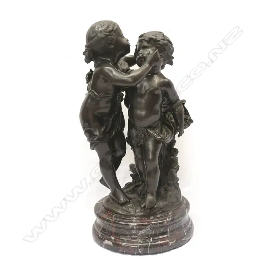 A 20thC classical bronze figure group of two children signed Aug (Auguste) Moreau