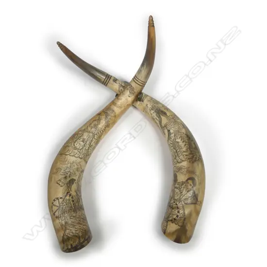 A pair of 19thC Scottish scrimshaw ox horns