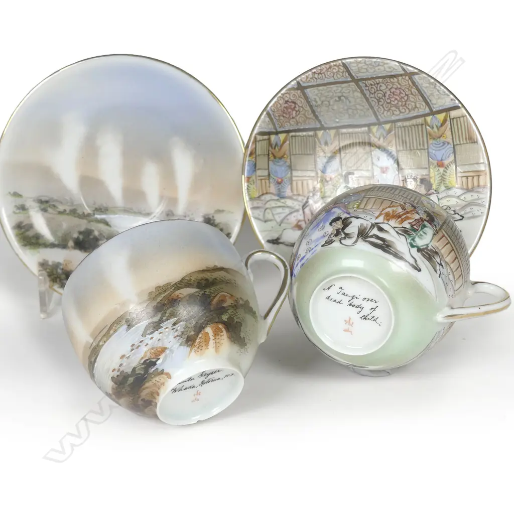 A pair of rare Japanese eggshell porcelain cups and saucers Image 1++