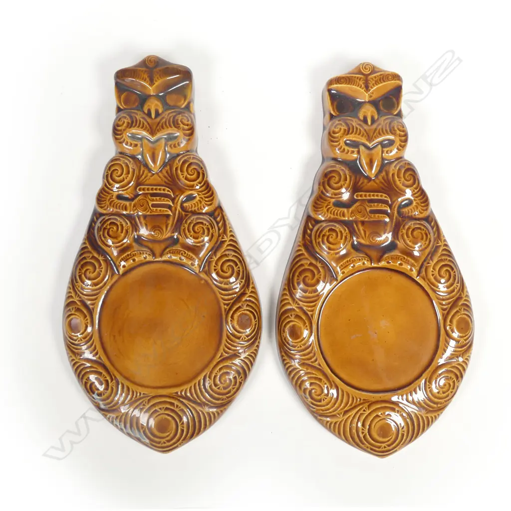 A pair of 'Associated Ceramics Ltd Petone N.Z.' Maori decorated wall panels Image 1++