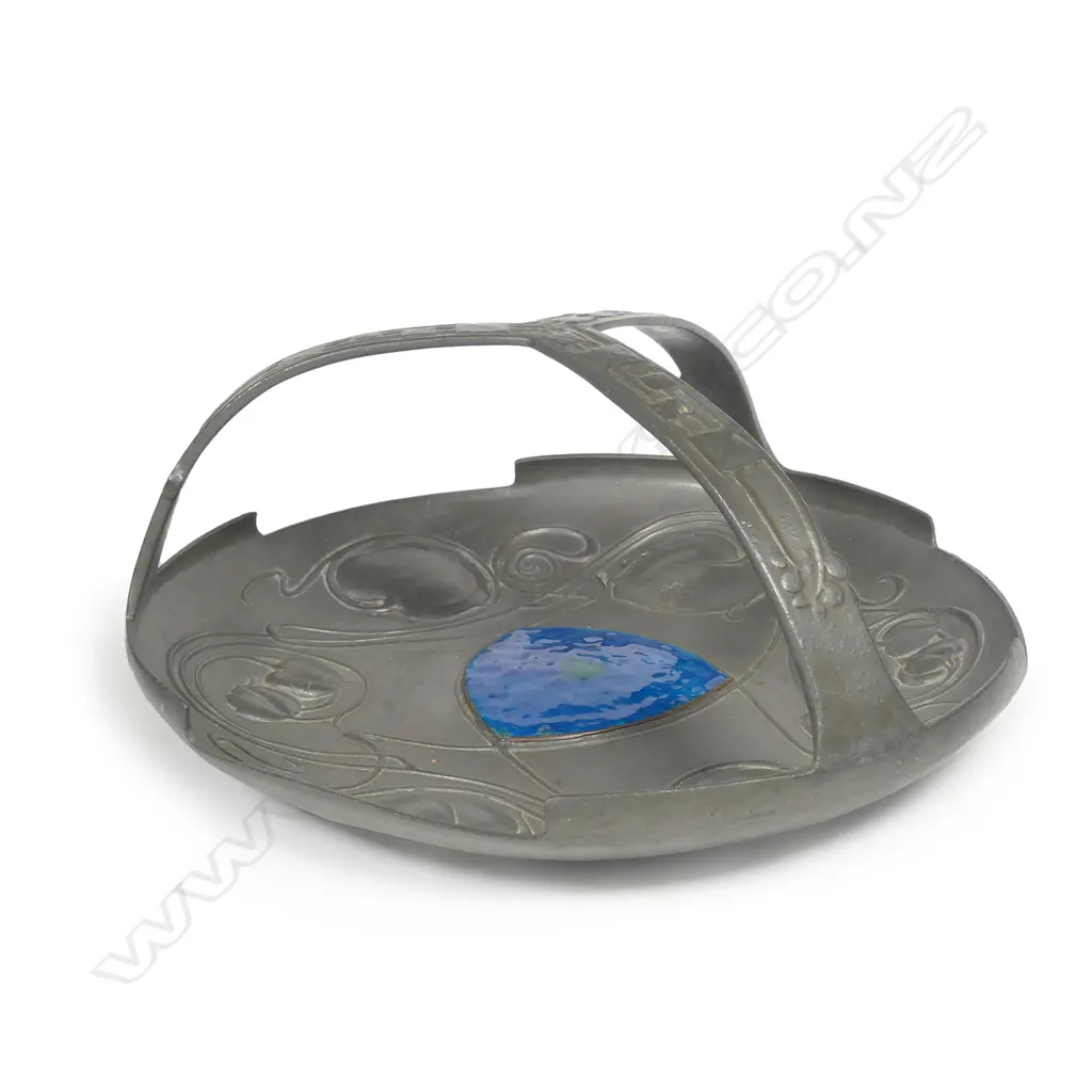 A good Archibald Knox (Tudric) uncommon pewter and enamelled tri-handled dish Image 1++