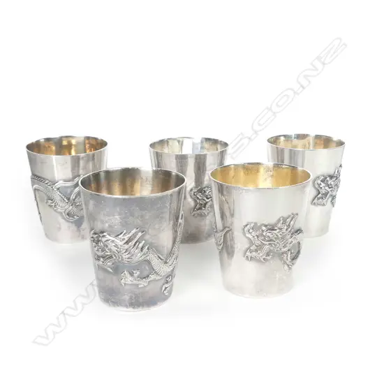 A set of five c.1900 Wang Hing Chinese small silver beakers