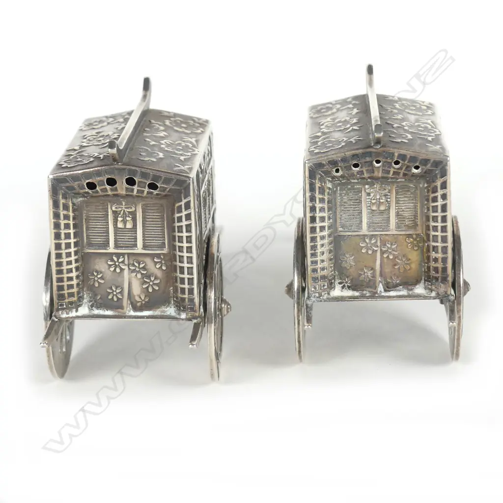 Two Chinese silver pepper/spice boxes modelled as rickshaw Image 1++