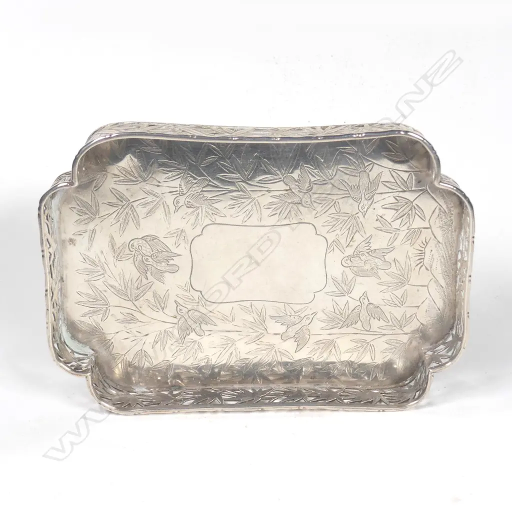 A Chinese silver small card tray with bamboo pierced gallery Image 1++