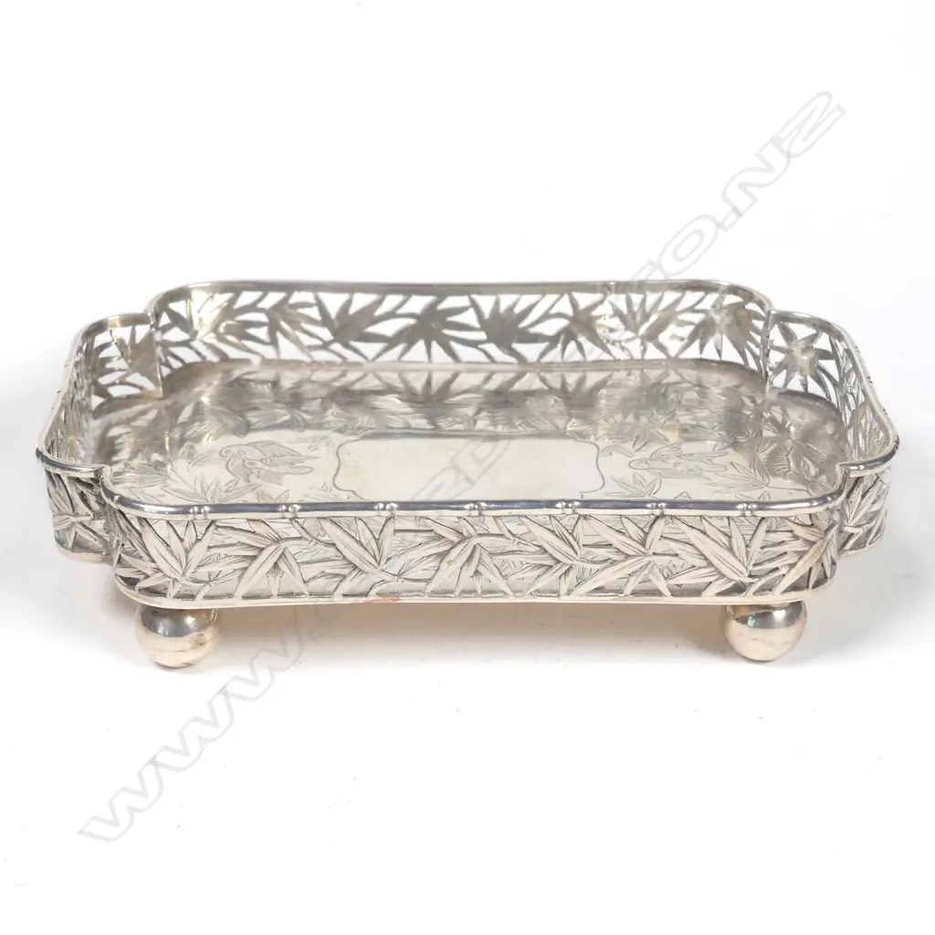 A Chinese silver small card tray with bamboo pierced gallery Image 1++