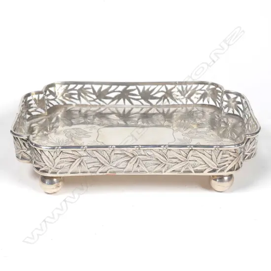 A Chinese silver small card tray with bamboo pierced gallery