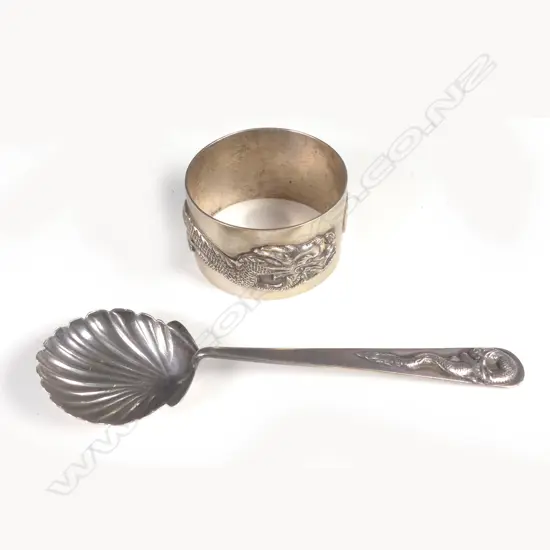 A Chinese export silver napkin ring and jam spoon