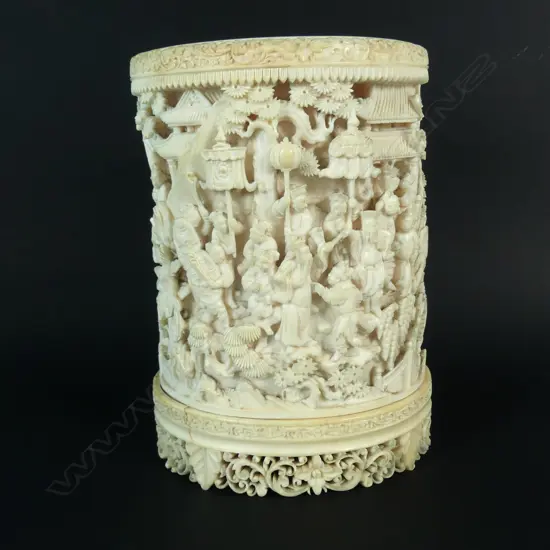 An impressive 19thC Chinese finely carved ivory tusk section