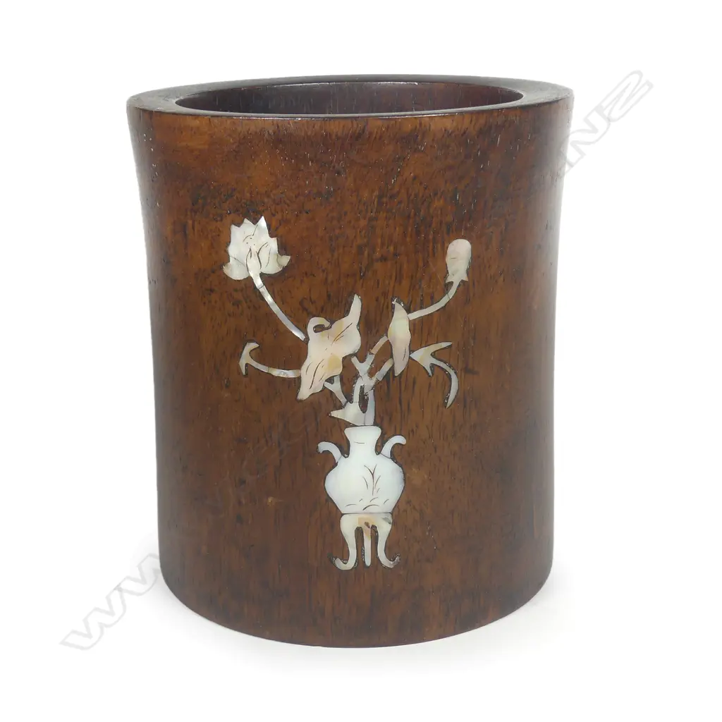 A Chinese rosewood inlaid brush pot Image 1++