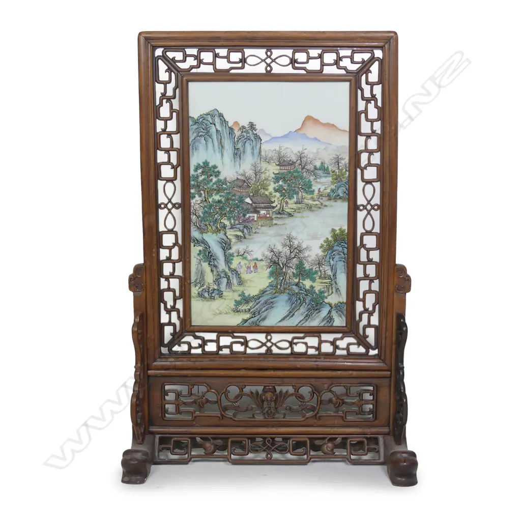 An old Chinese porcelain polychrome painted panel in screen form stand Image 1++