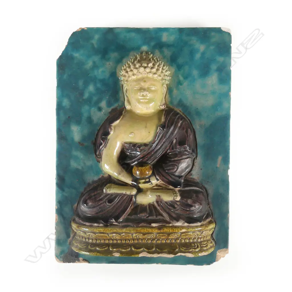 An old Chinese earthenware Sancai glazed tile of a bodhisattva Image 1++