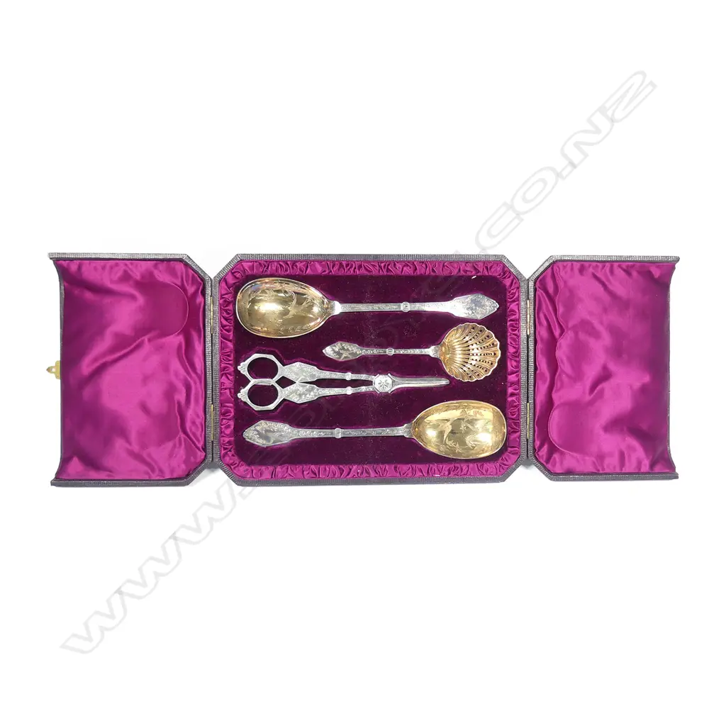 A late 19thC Aesthetic Movement four-piece silver plate boxed cutlery set Image 1++