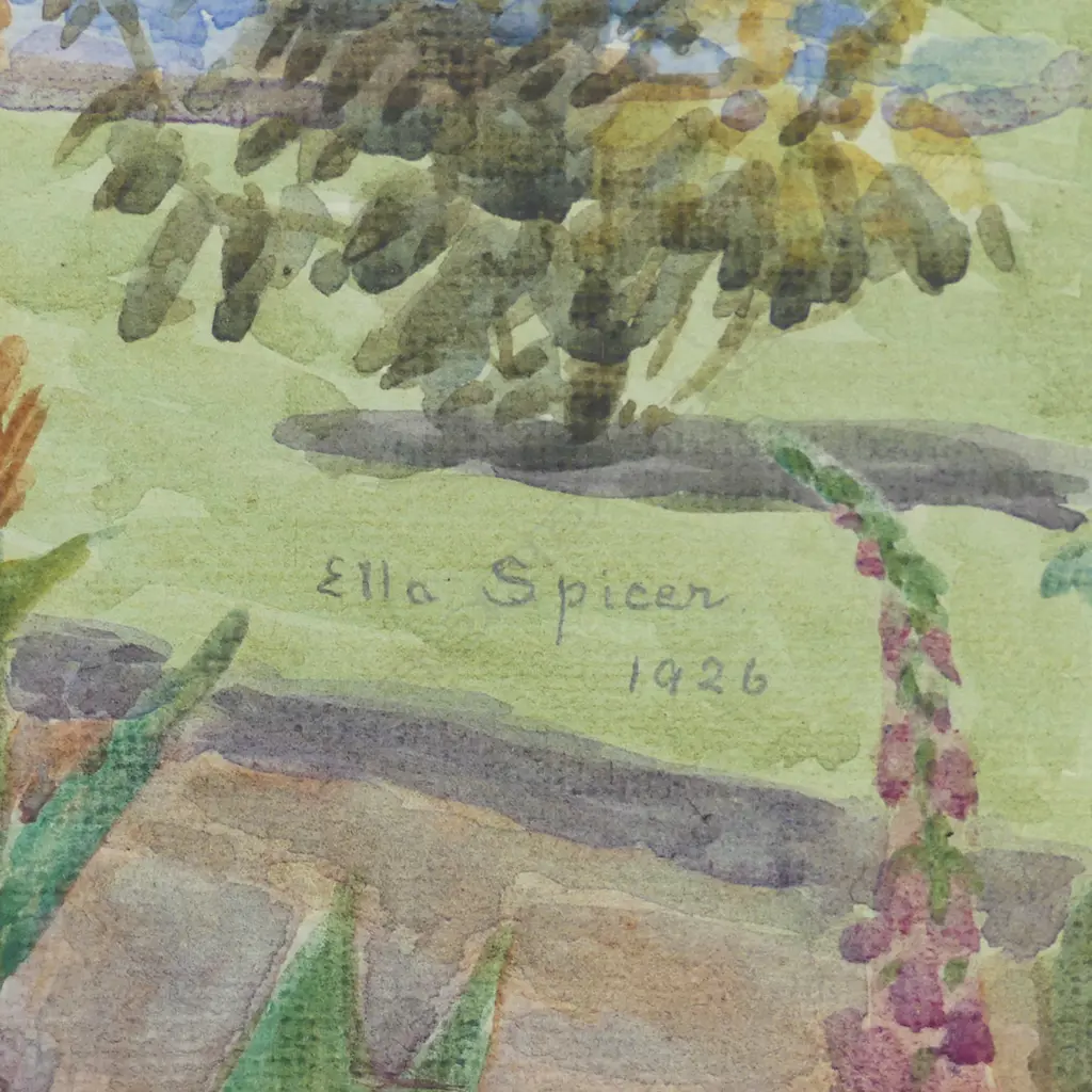 Ella Spicer (1876-1956), 'Emerald Hill', watercolour on paper, signed, labelled and entitled verso, 270 x 390mm. Note: Emerald Hill probably refers to the historic homestead in One Tree Hill previously owned by Max Cryer. Image 1++