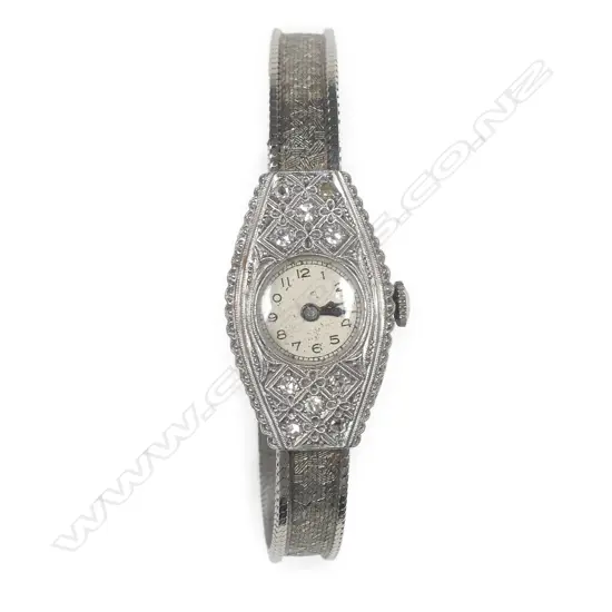 A lady's Art Deco Swiss 18ct. white gold and diamond wristwatch
