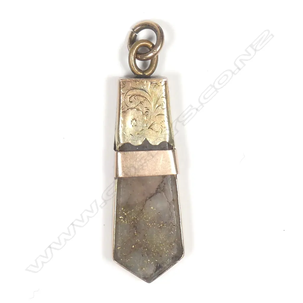 A late 19thC gold mounted gold bearing quartz pendant Image 1++