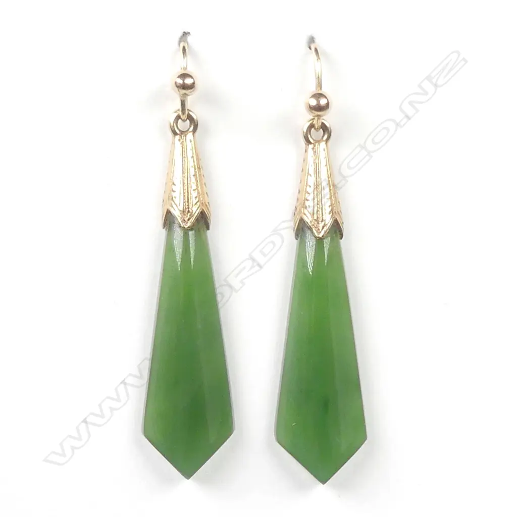 A pair of early 20thC 9ct. yellow gold and greenstone drop earrings Image 1++