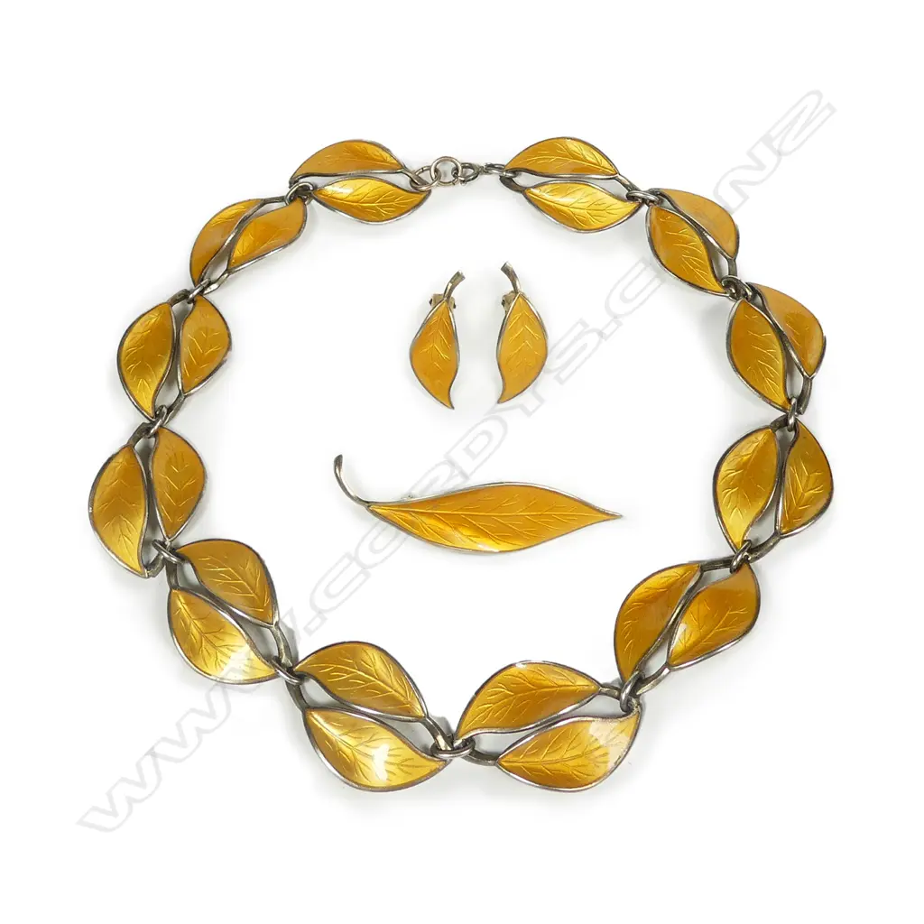 David Andersen Norwegian 1950s silver and enamel leaf necklace brooch and earring suite Image 1++