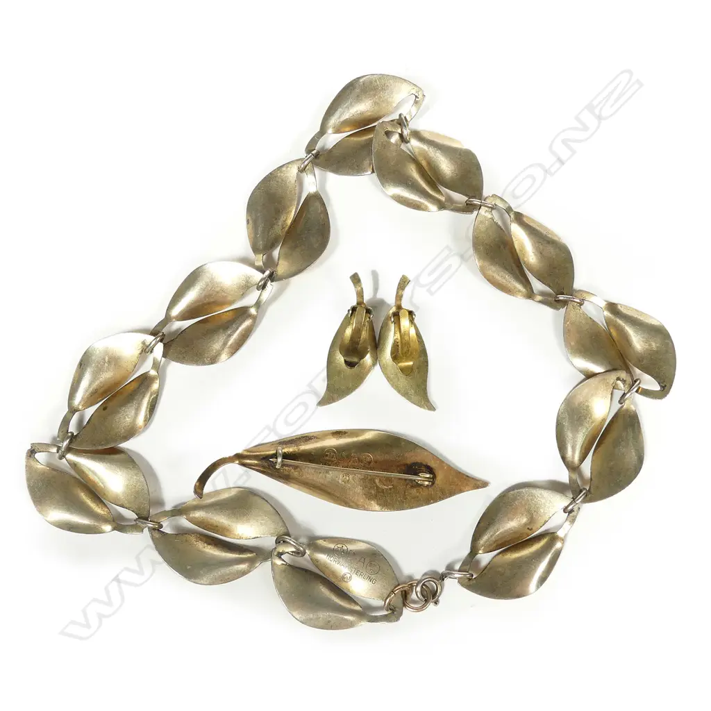 David Andersen Norwegian 1950s silver and enamel leaf necklace brooch and earring suite Image 1++