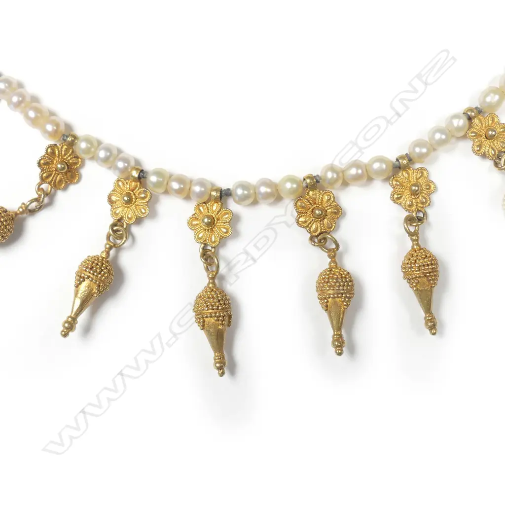 A delicate pearl and gold necklace in the Etruscan Revival style Image 1++