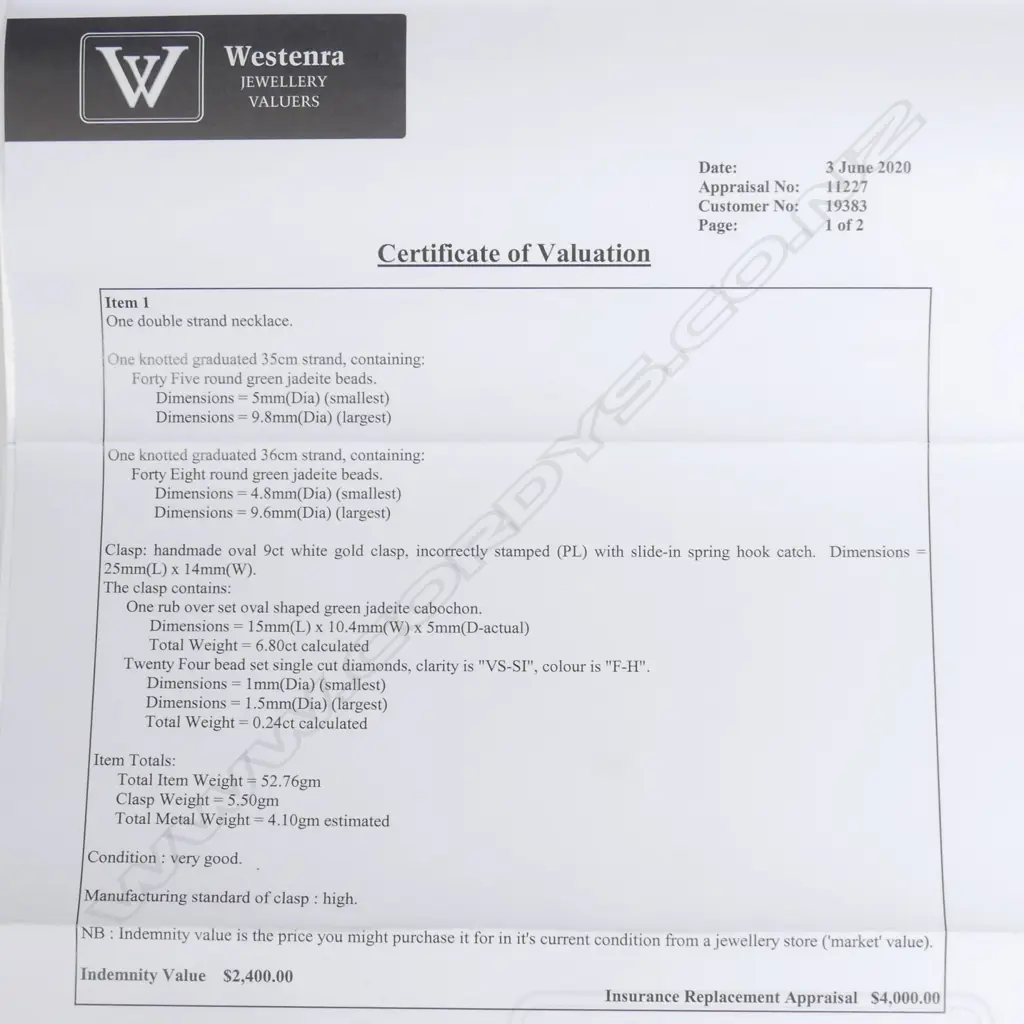 An early 20thC double strand jadeite bead necklace with gold and diamond clasp Image 1++