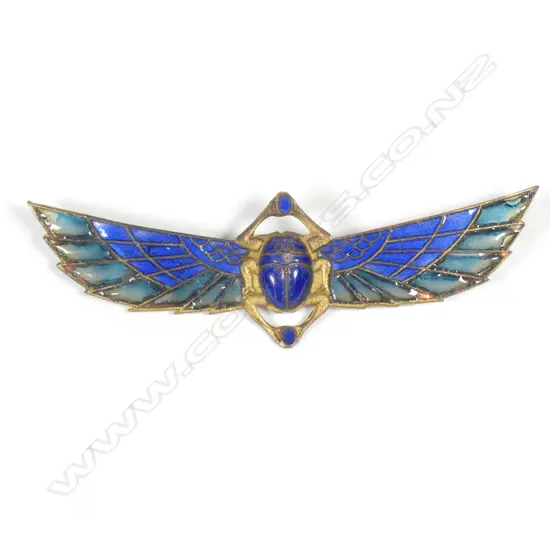 An early 20thC Egyptian Revival plique-a-jour winged scarab brooch