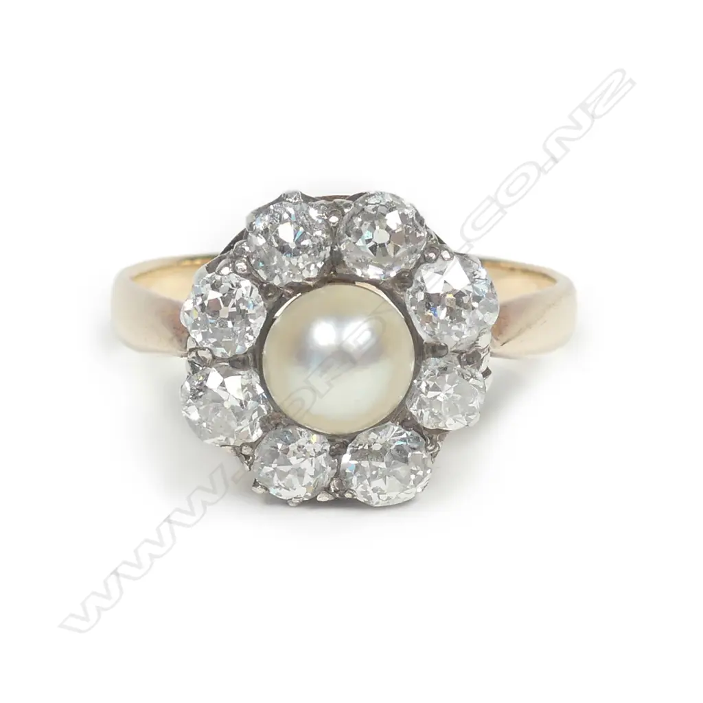 An estate 18ct gold diamond and pearl ring Image 1++