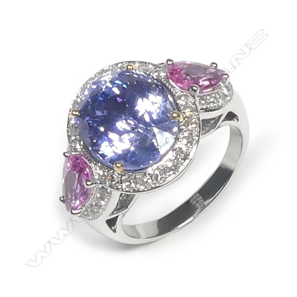 An impressive 18ct white gold large sapphire pink sapphire and diamond ring Image 1++
