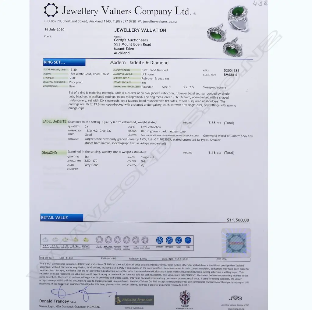 An 18ct white gold jade and diamond ring and earring set Image 1++