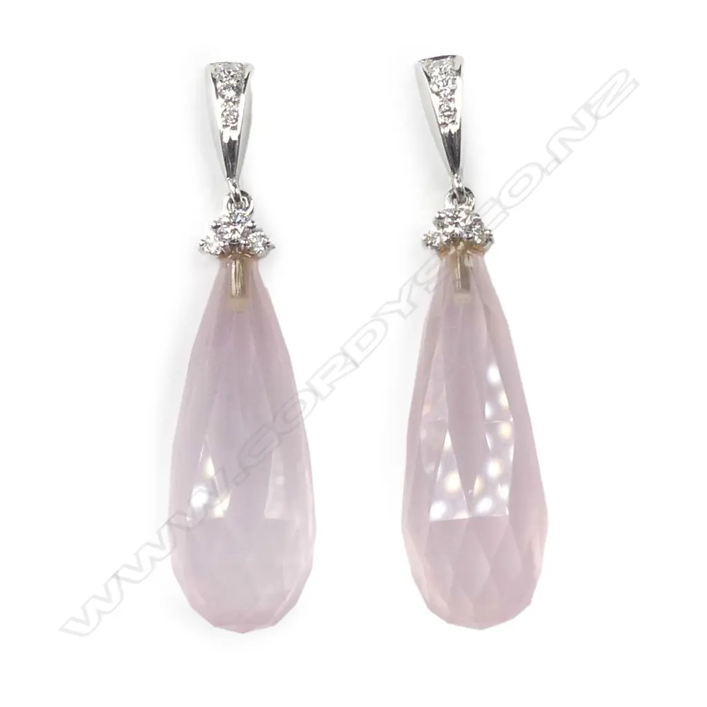 A pair of 18ct white gold diamond and rose quartz drop earrings Image 1++