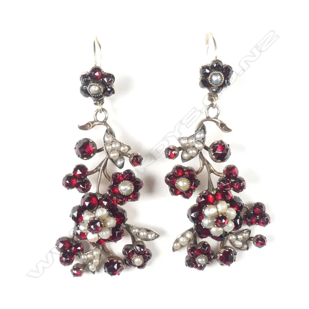 A pair 19thC 9ct gold Bohemian garnet and pearl earrings Image 1++