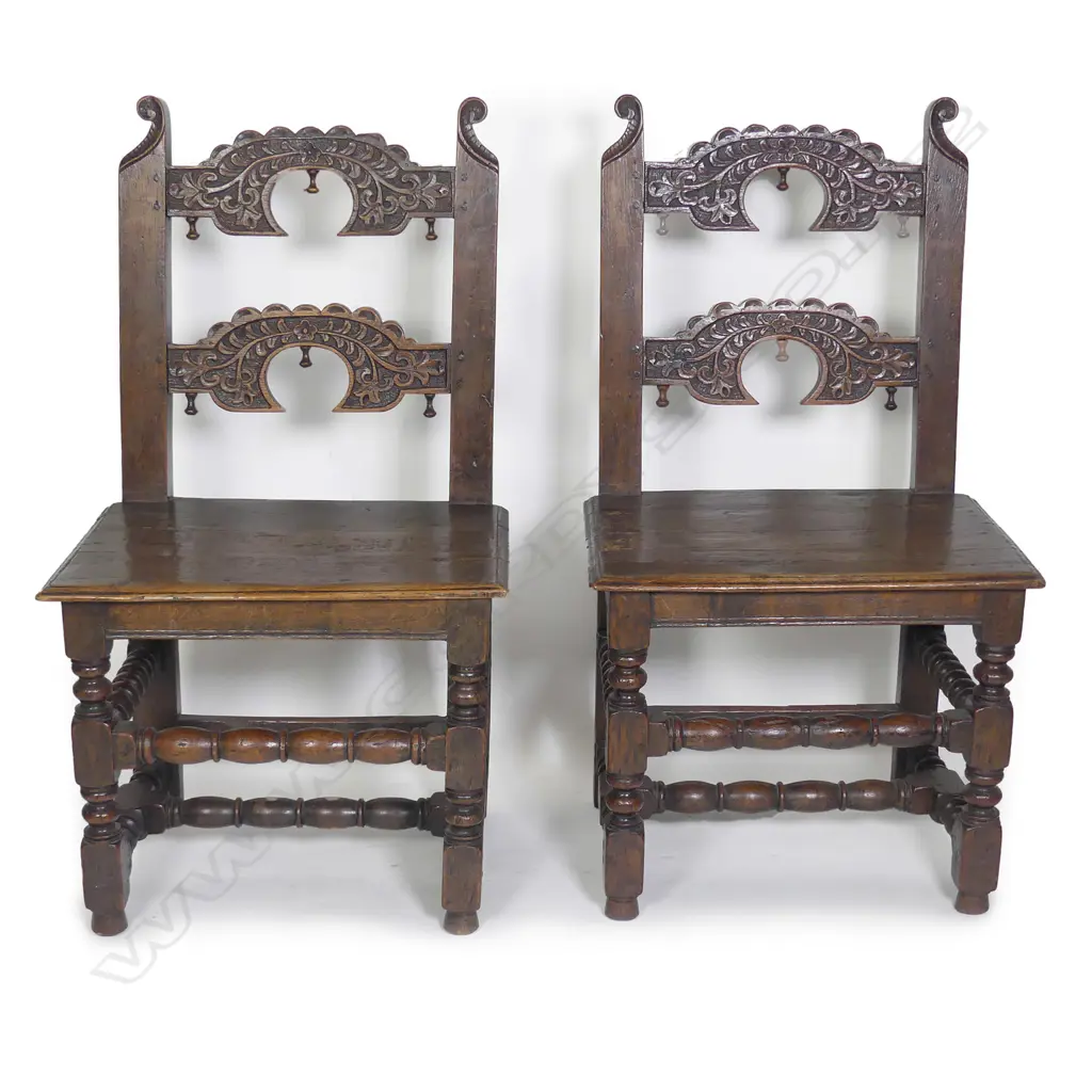 A pair of 19thC country oak hall chairs Image 1++