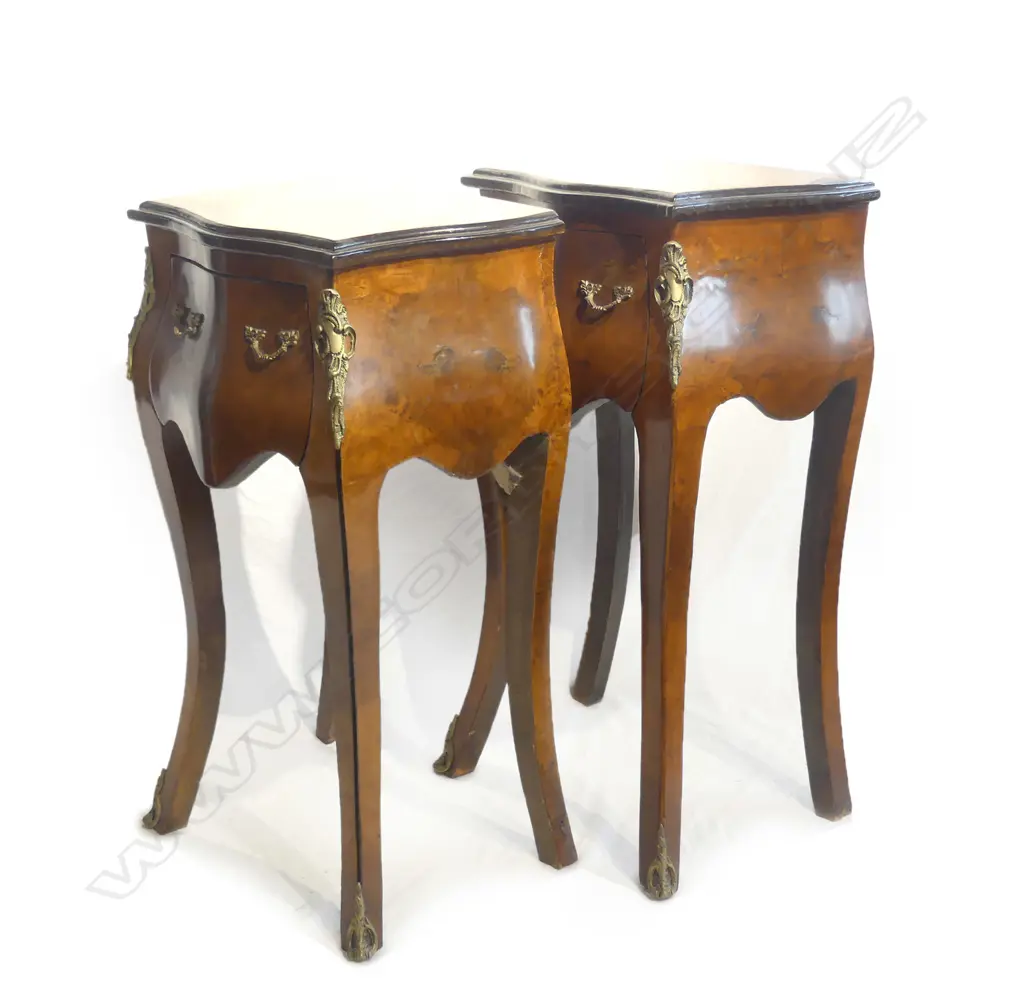 A pair of French style walnut bombe bedside cabinets Image 1++