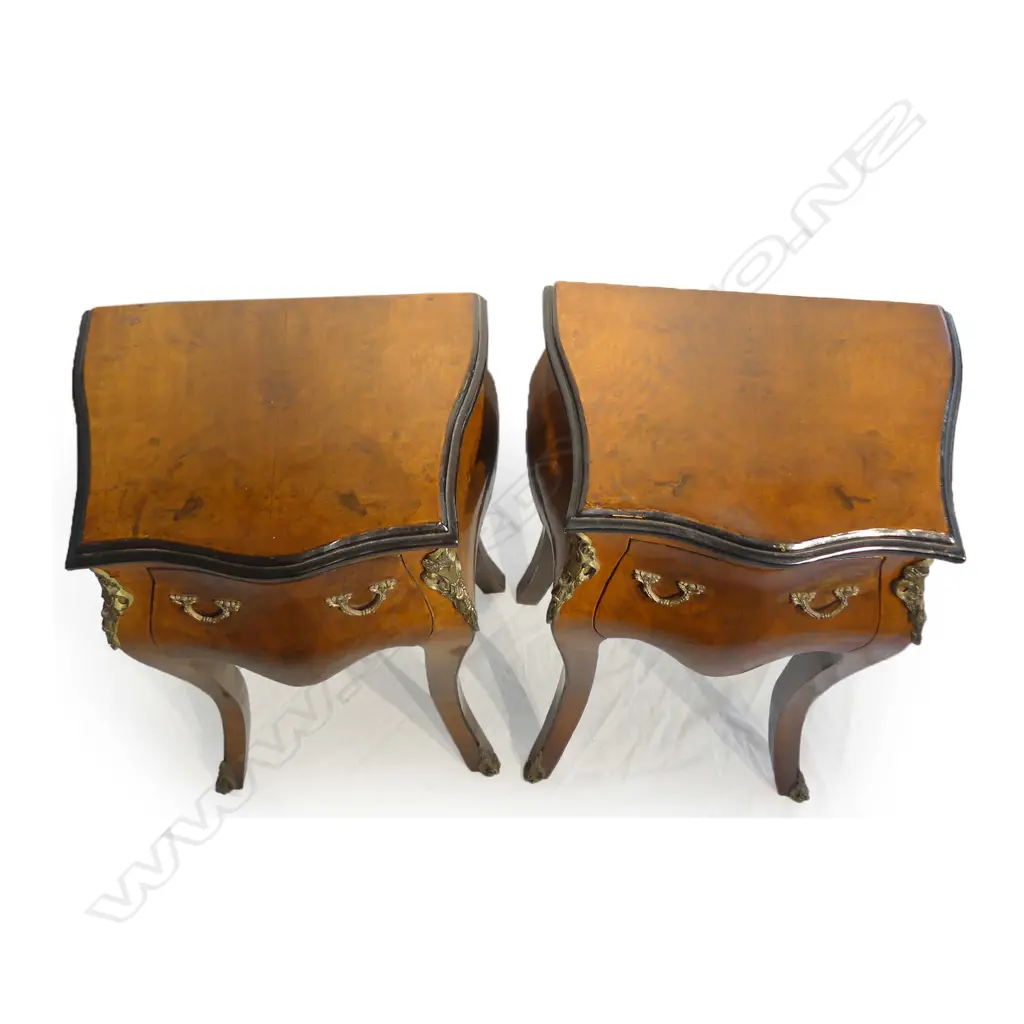 A pair of French style walnut bombe bedside cabinets Image 1++
