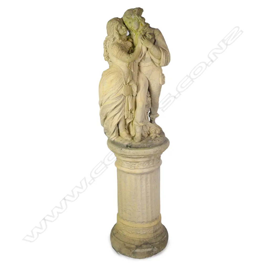 A church stone classical statue of lovers on tall plinth Image 1++