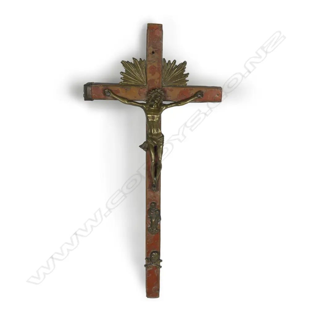 A late 18thC French brass and fruitwood crucifix Image 1++