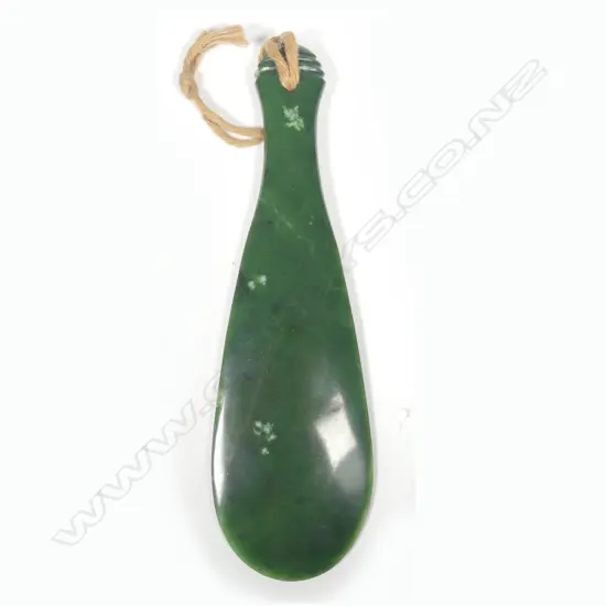 A Charlie Wilson nephrite mere of traditional form with large spatula formed blade waisted grip and triple ring groove to the butt