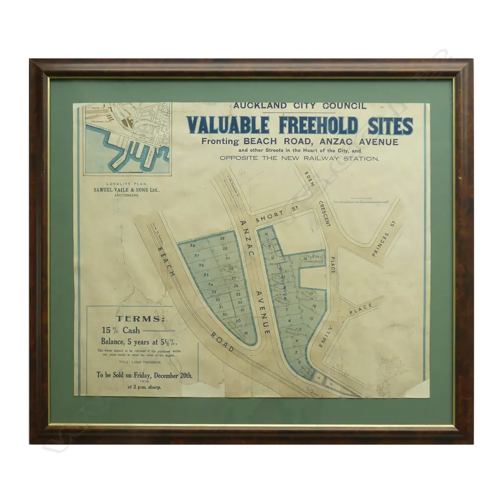 An Auckland City Council real estate auction promotional poster for 'Valuable Freehold Sites fronting Beach Road Image 1++
