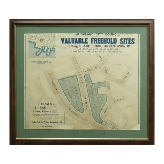 An Auckland City Council real estate auction promotional poster for 'Valuable Freehold Sites fronting Beach Road
