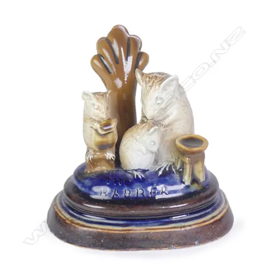 A George Tinworth (1843-1913) Doulton Lambeth 'The Barber' mouse group menu holder
