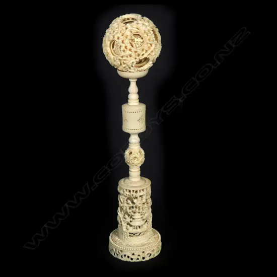 A large fine quality Chinese Canton ivory puzzle ball on stand