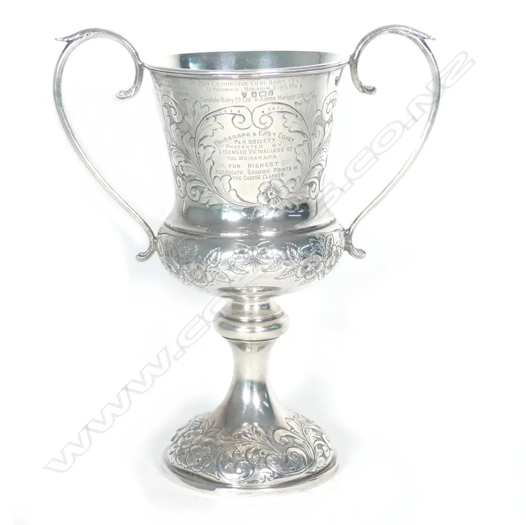 A large Edwardian silver New Zealand historic 'Wairarapa & East Coast P&A Society' presentation engraved trophy cup Image 1++