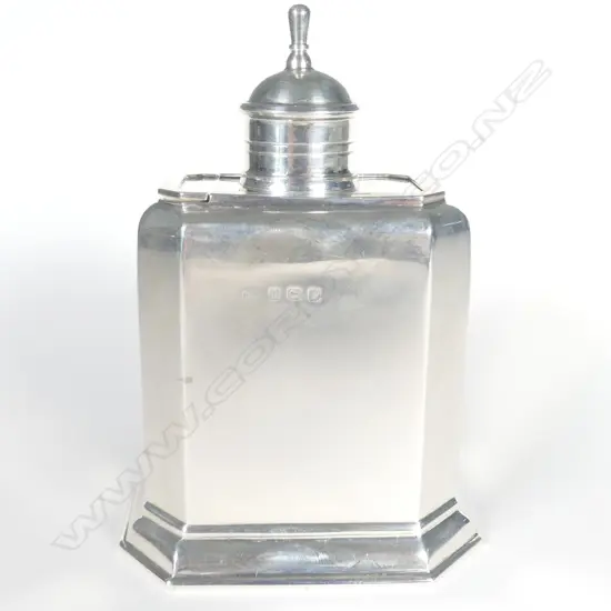 A George V silver tea caddy in Queen Anne style