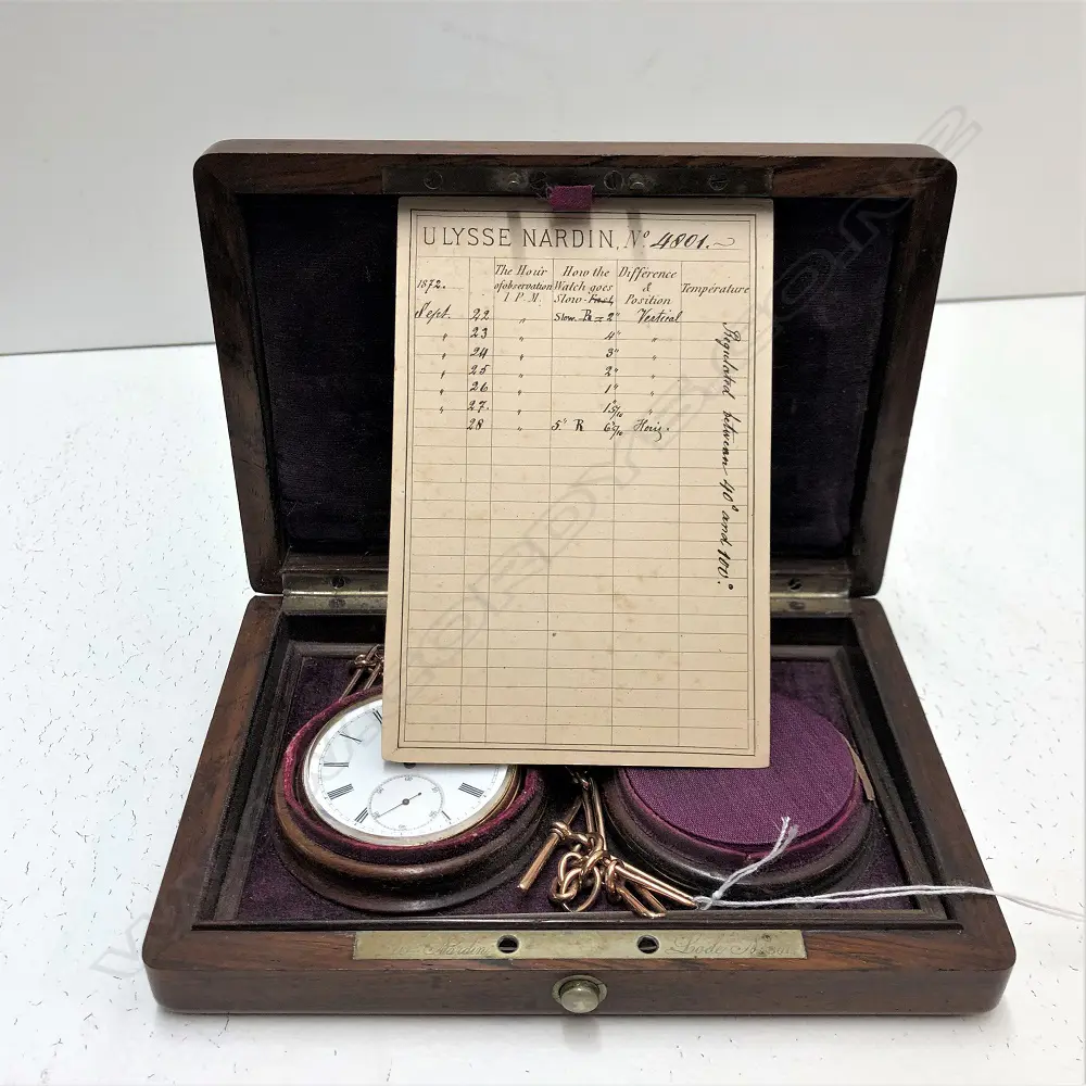 A late 19thC Ulysse Nardin quality 18ct yellow gold chronometer pocket on 9ct rose gold chain in box Image 1++