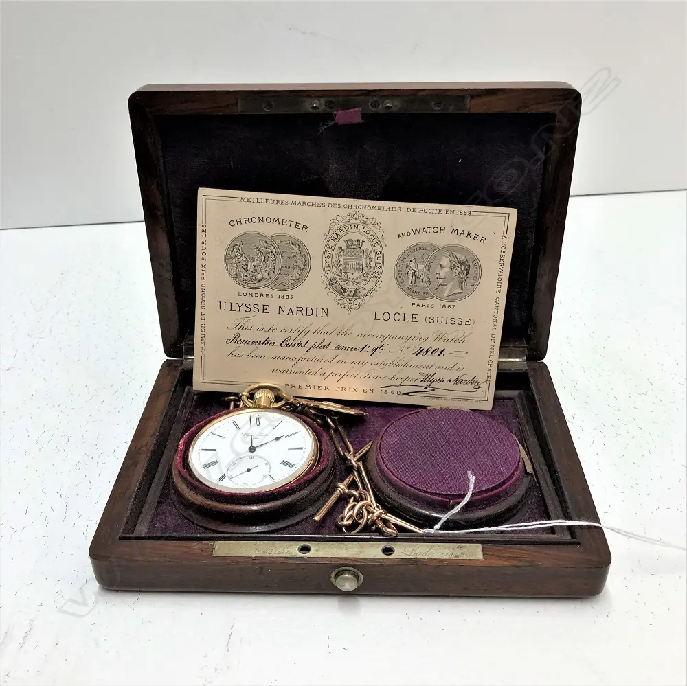 A late 19thC Ulysse Nardin quality 18ct yellow gold chronometer pocket on 9ct rose gold chain in box Image 1++