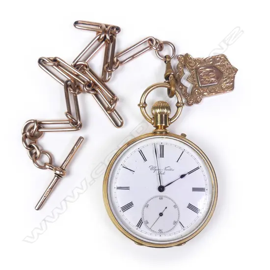 A late 19thC Ulysse Nardin quality 18ct yellow gold chronometer pocket on 9ct rose gold chain in box