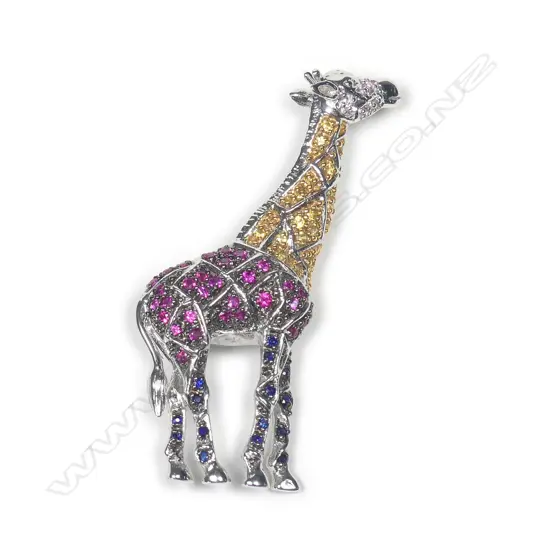 A 9ct. white gold and three colour sapphire encrusted giraffe pendant brooch