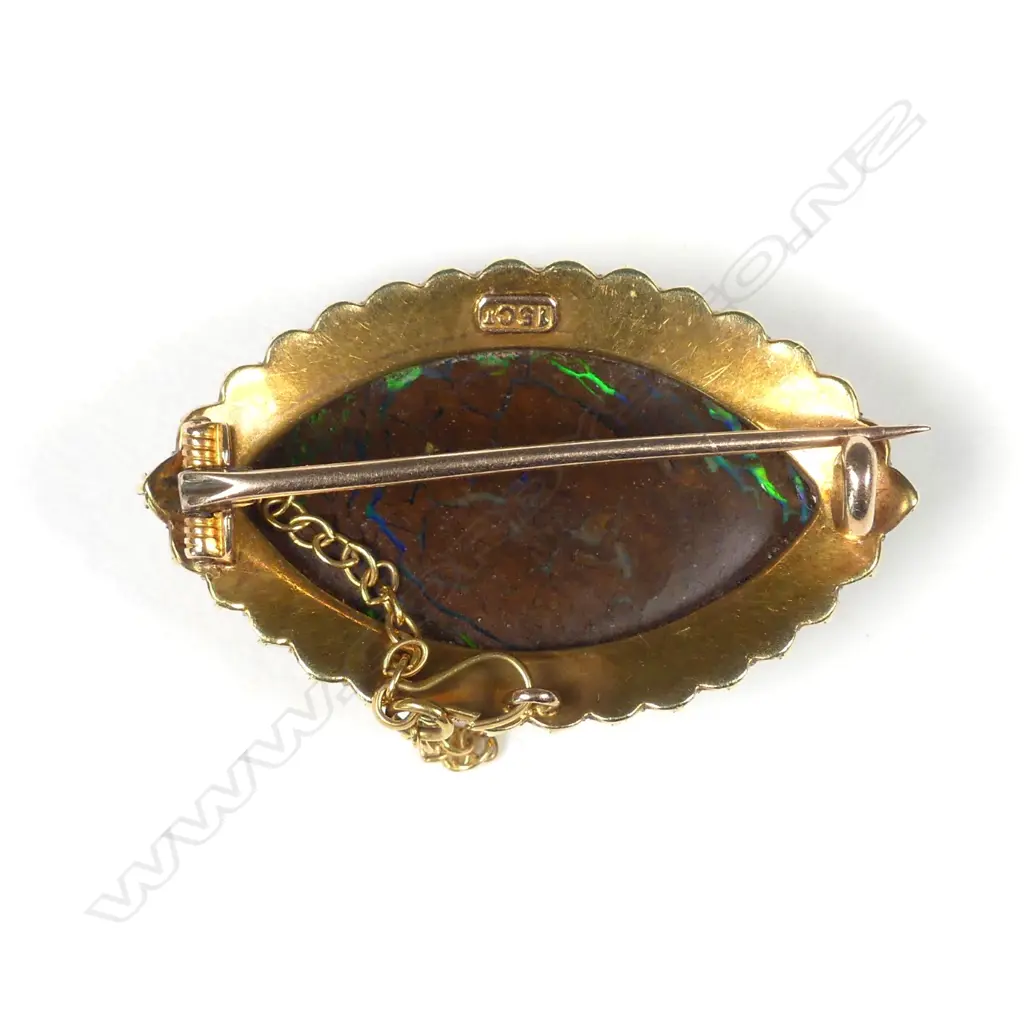A 15ct yellow gold framed boulder opal and seed pearl brooch Image 1++